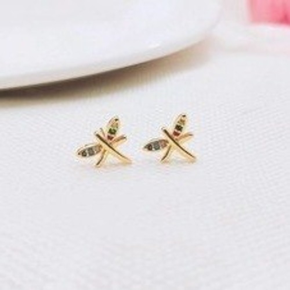 18K Gold Plated Dragonfly Stud Earrings Multicolor Cubic Zirconia Nature Jewelry